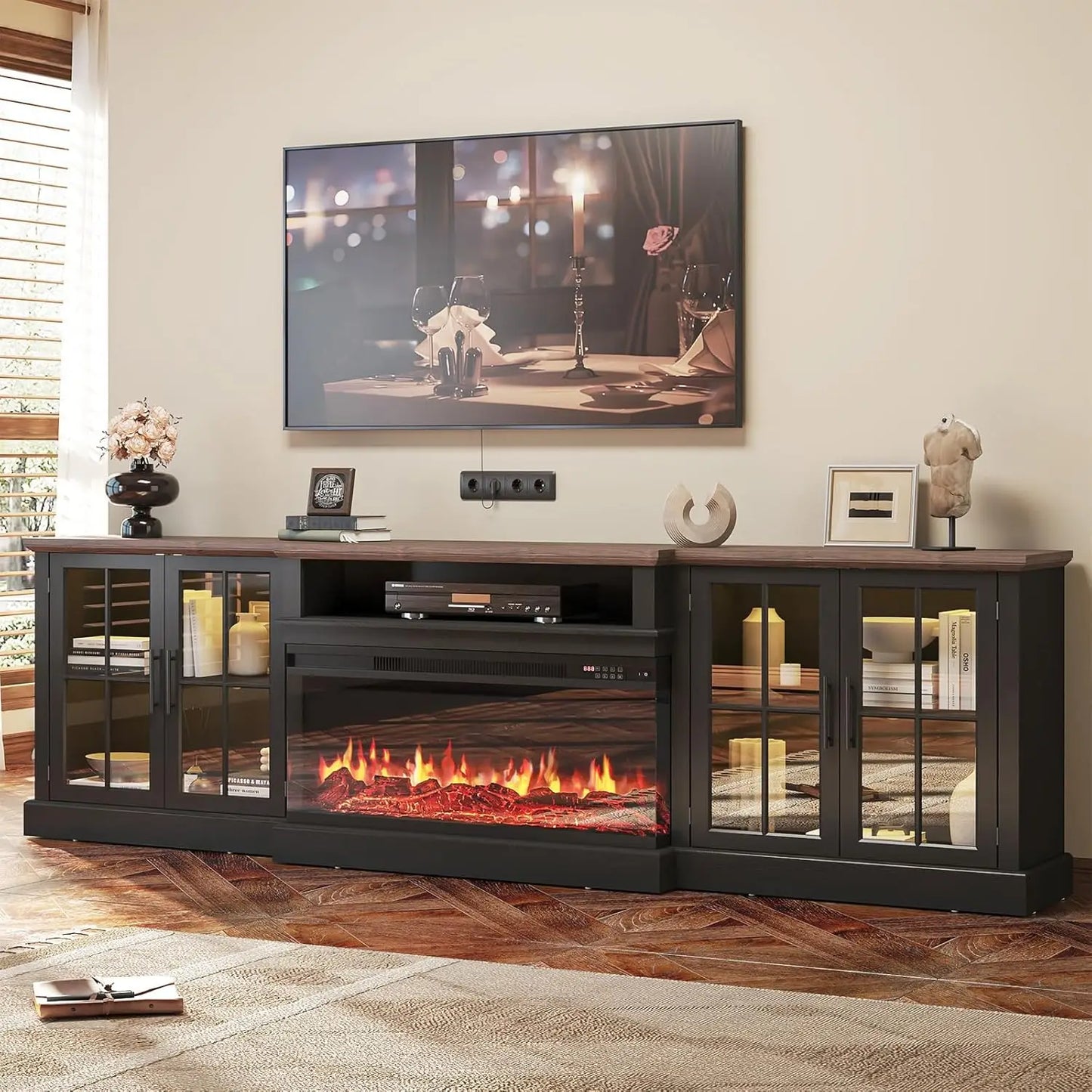 Farmhouse TV Stand With Electric Fireplace Media Console And Shelves
