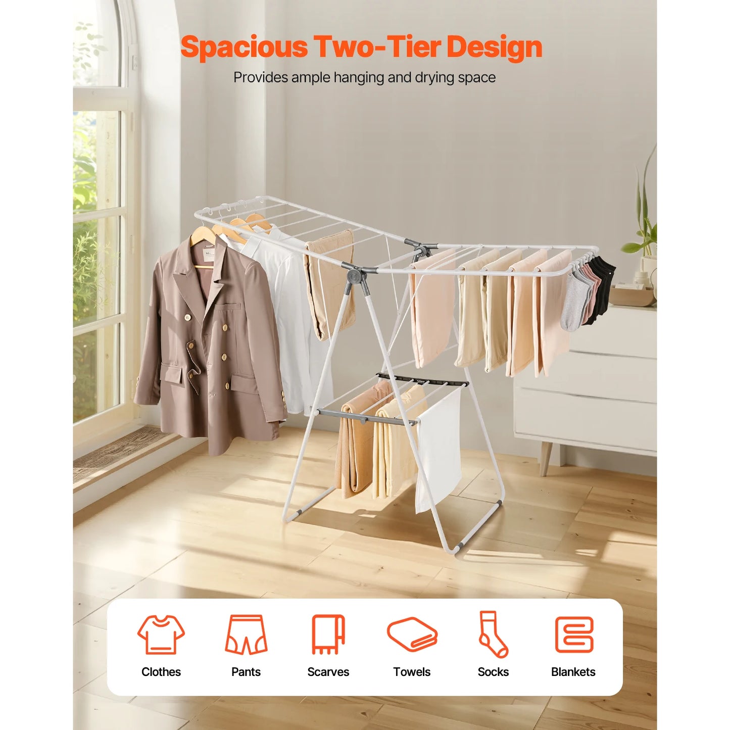 Foldable Iron Clothes Drying Rack With Sock Clips Indoor