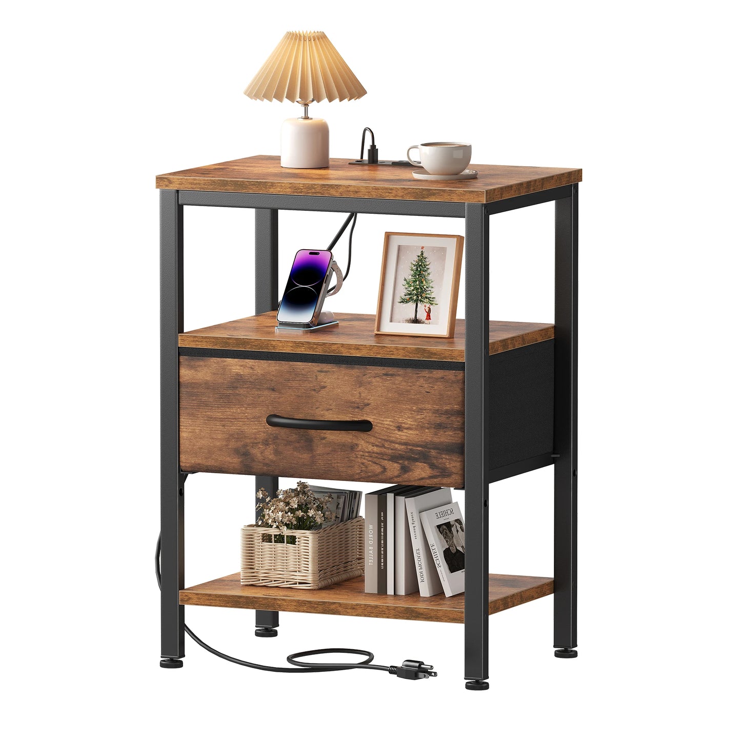 MCQ Nightstand With LED Light Strip Fabric Drawers Charging Station