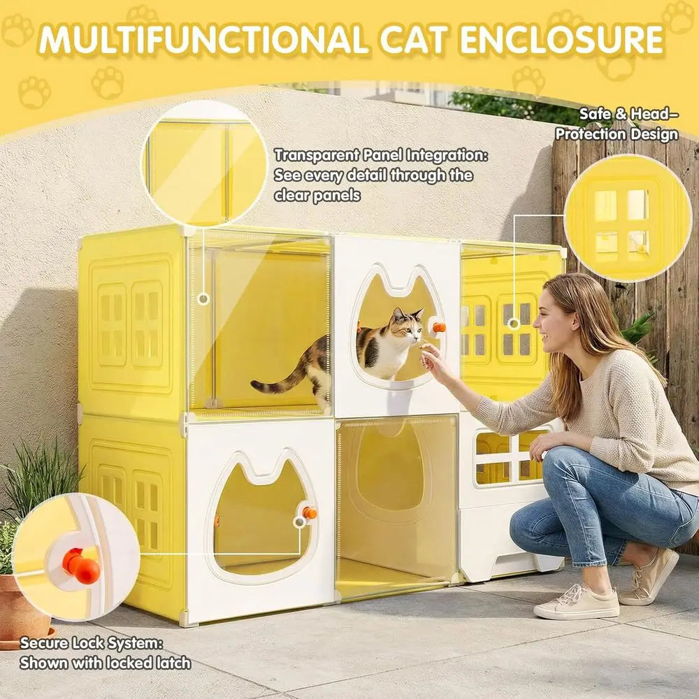 Two Tier Cat Enclosure With Integrated Litter Box And Window