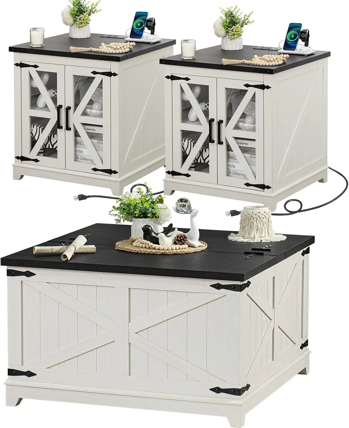 Farmhouse Wood Coffee Table Set 3 Pieces With Charging Station