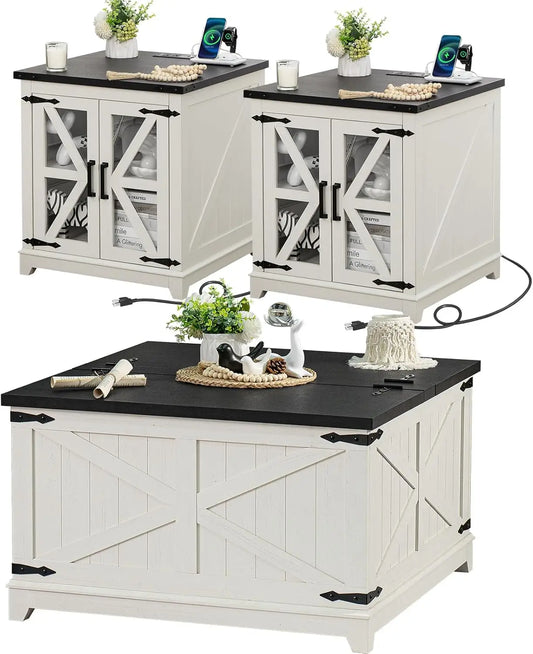 Farmhouse Wood Coffee Table Set 3 Pieces With Charging Station