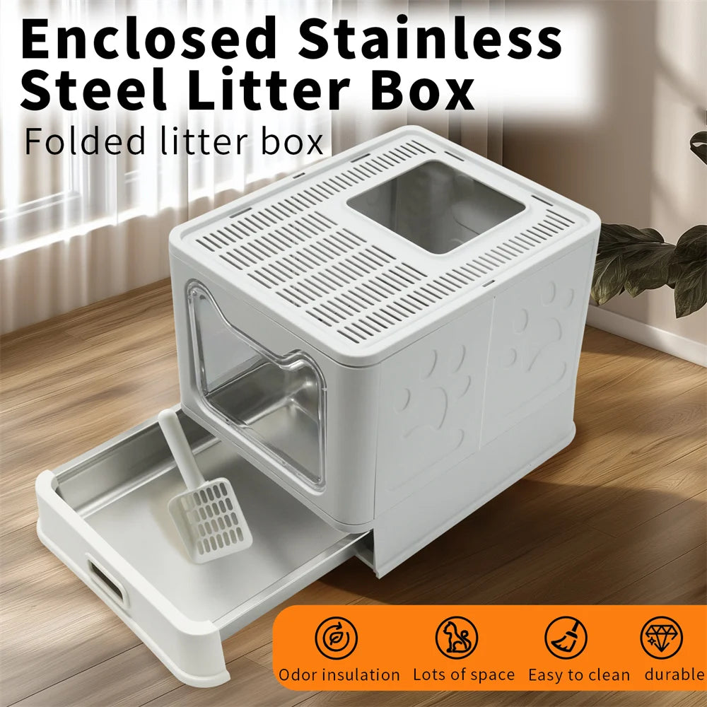 Enclosed Stainless Steel Cat Litter Box With Lid Top Entry