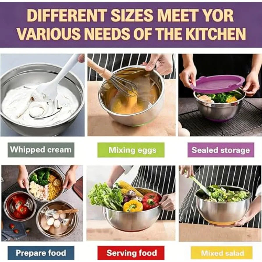 Heavy-Duty Stainless Steel Mixing Bowl Set With Lids And Grater