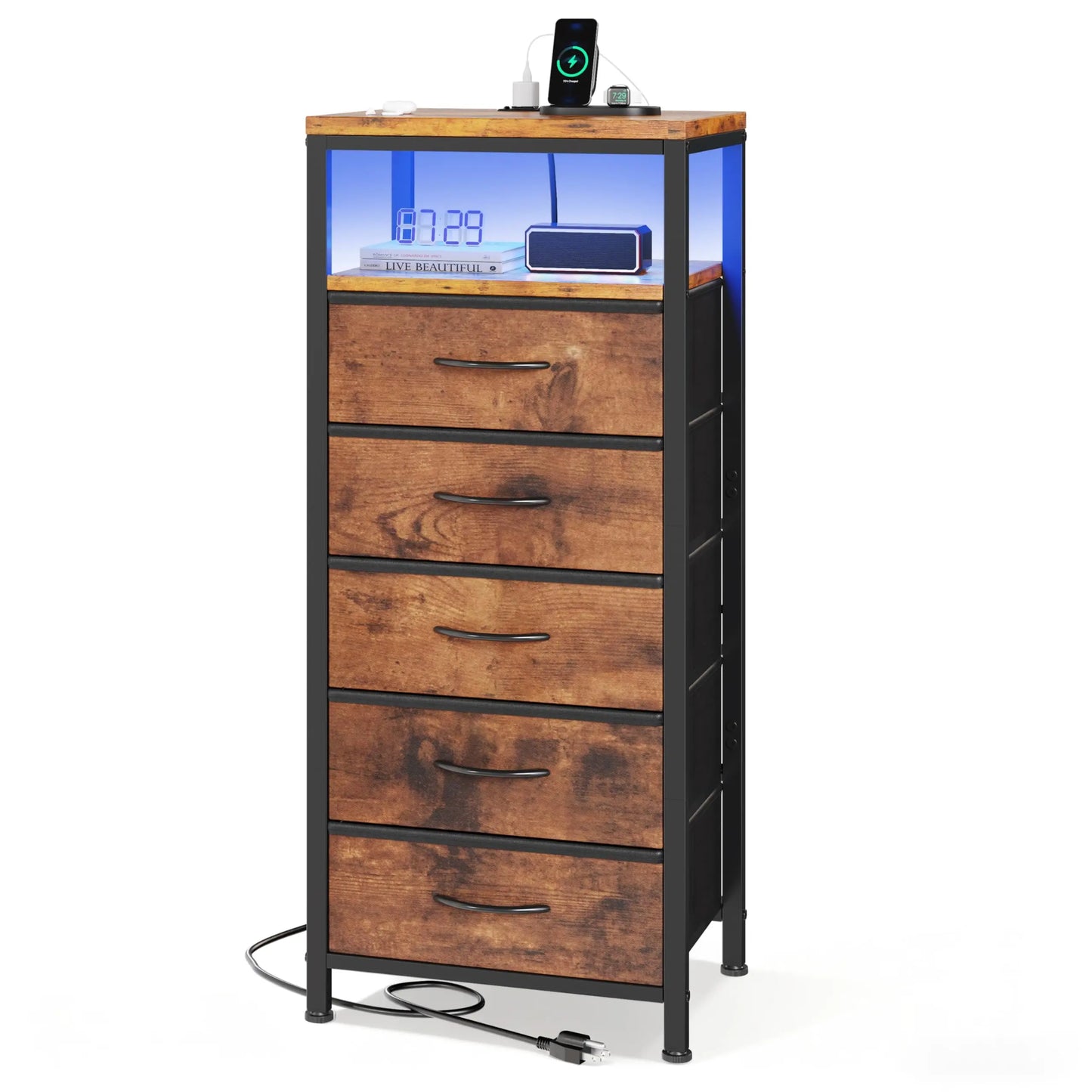 JHK 5 Drawer Fabric Dresser Nightstand With Charging Station