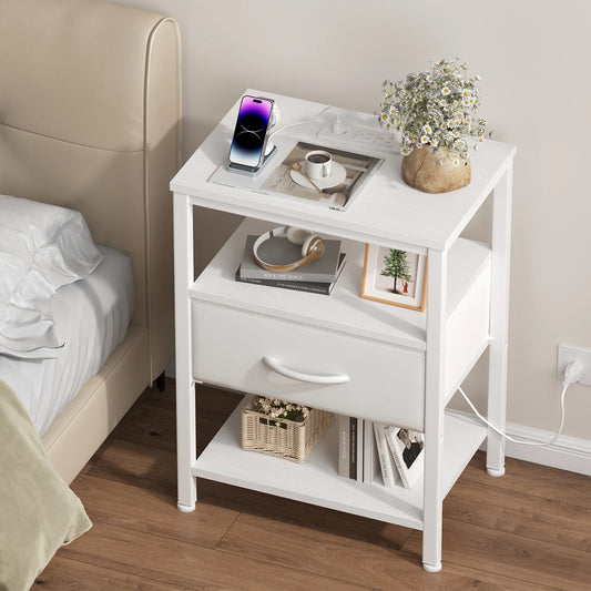 MCQ Nightstand With LED Light Strip Fabric Drawers Charging Station