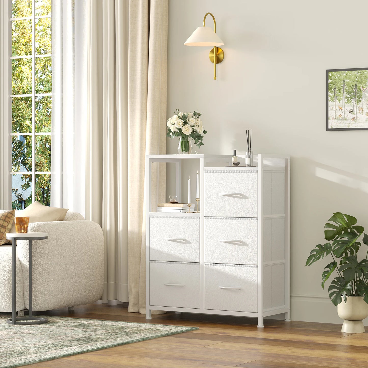 JHK 5 Fabric Drawer Chest With Raised Shelf Metal Frame