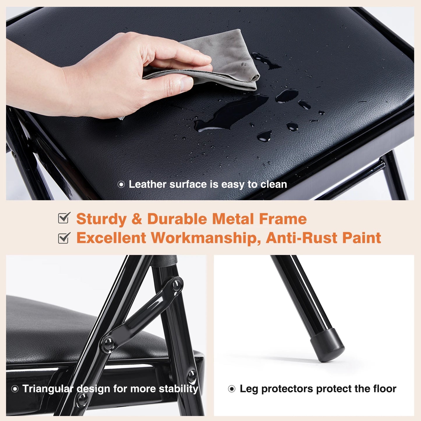 JHK Leather Padded Folding Chairs Set 4 Pack Sturdy Metal