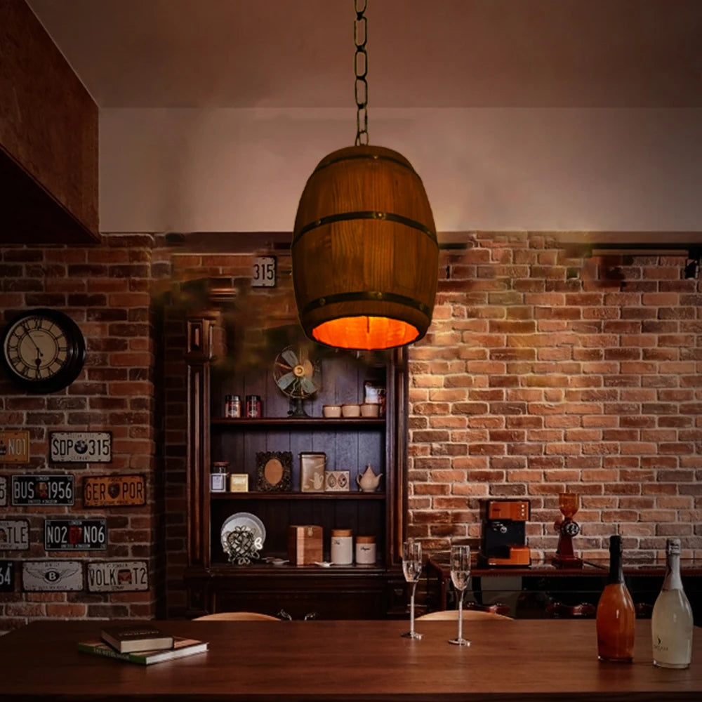 Retro Wood Wine Barrel Pendant Light Ceiling Lamp Chandelier