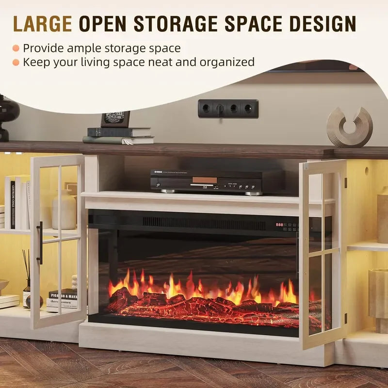 Farmhouse TV Stand With Electric Fireplace Media Console And Shelves