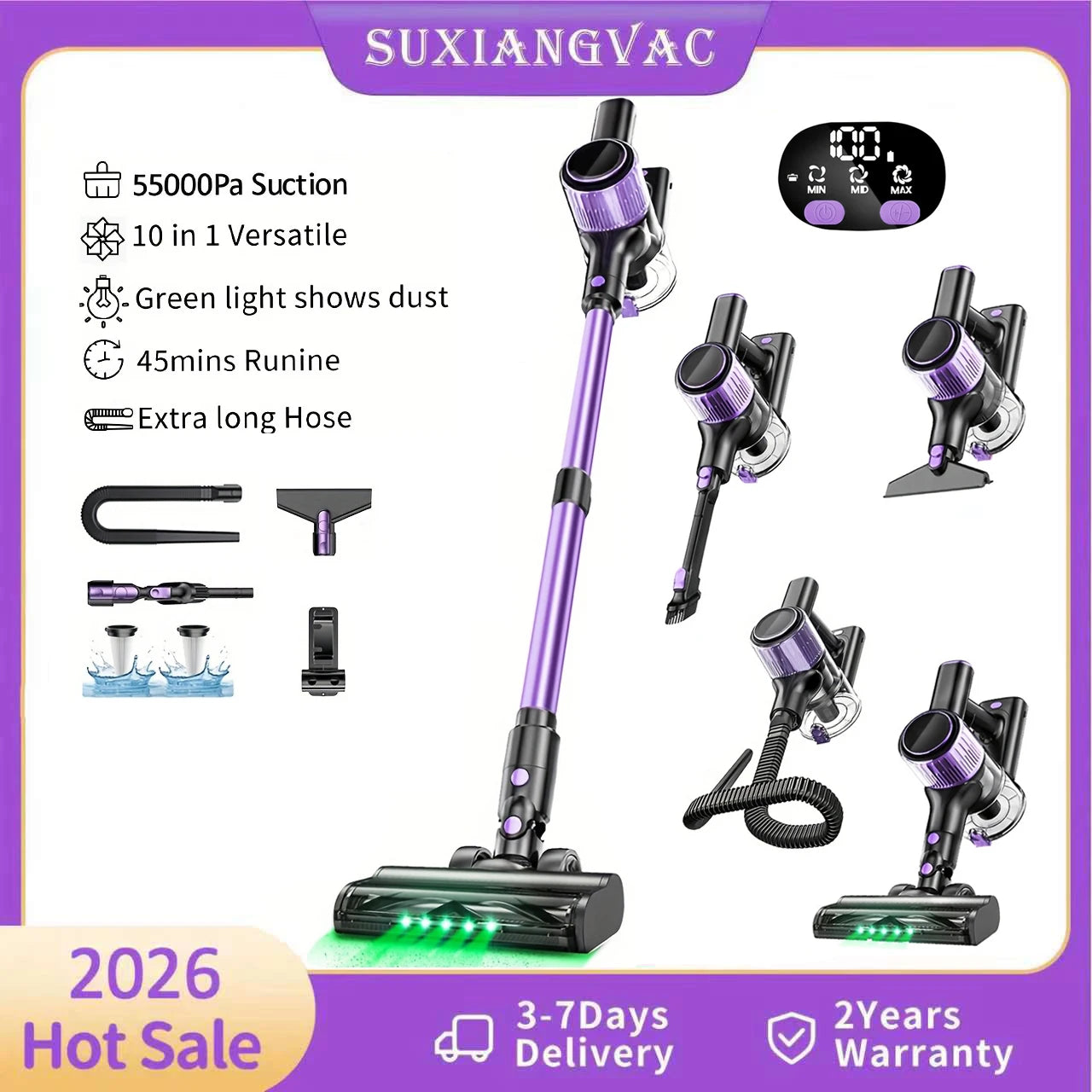 SUXIANGVAC Cordless Vacuum Cleaner 55Kpa 500W Lightweight For Home