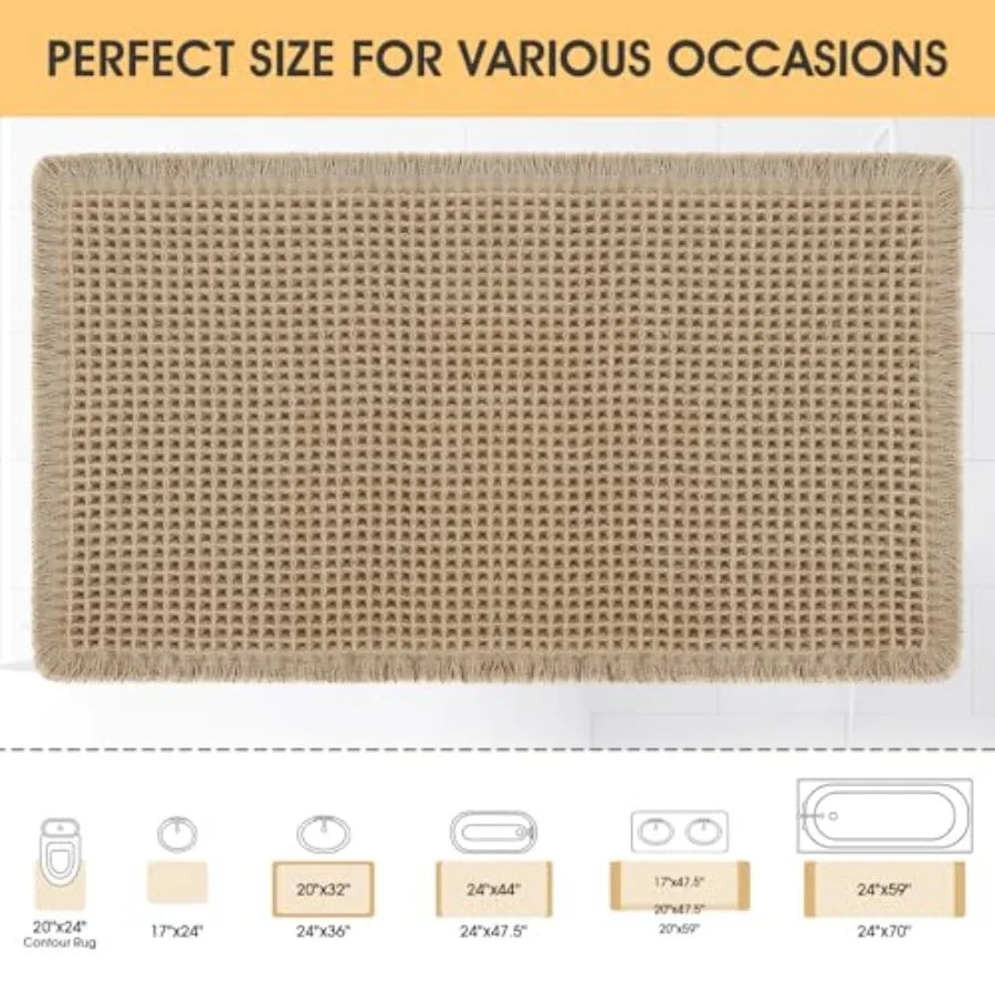Boho Waffle Bath Mat Non Slip Absorbent Washable Tassel Rug