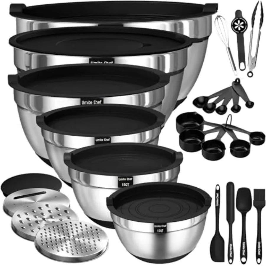 Heavy-Duty Stainless Steel Mixing Bowl Set With Lids And Grater