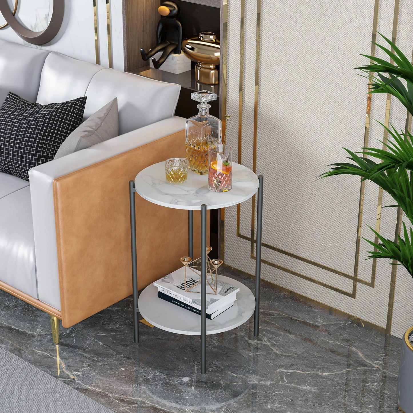 Wisfor Glossy Sintered Stone End Table With Black Metal Frame