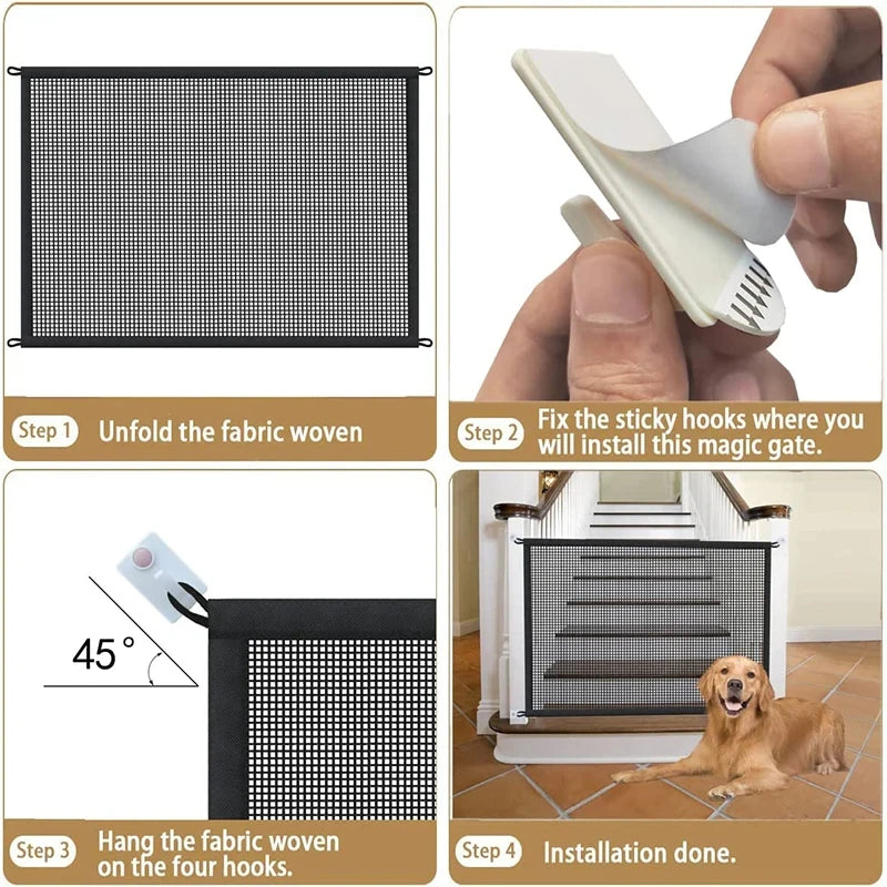 Foldable Dog Barrier Fence With Breathable Mesh Playpen 4 Hooks