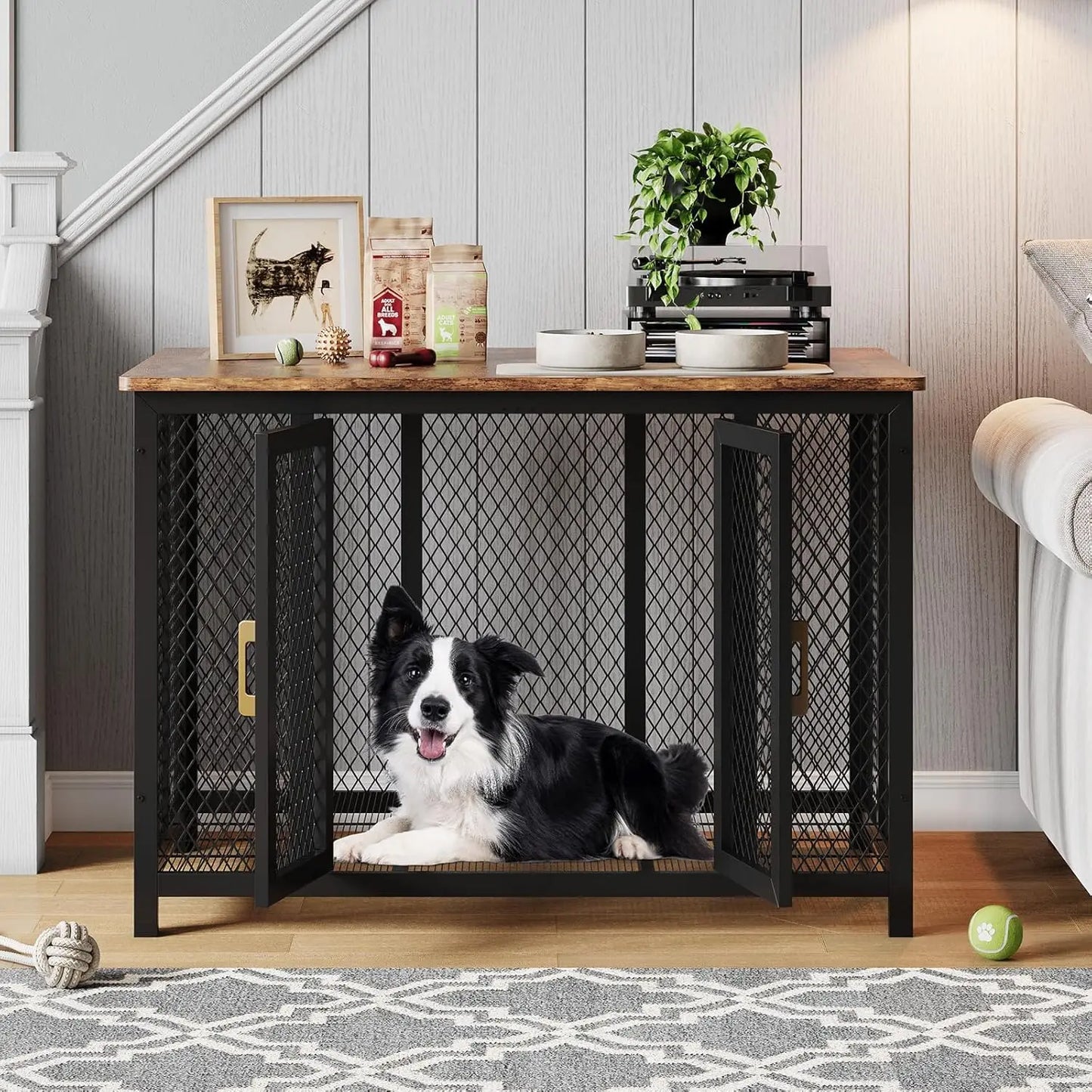 HiMISS Wooden Dog Crate Furniture With Wire Floor And Double Doors