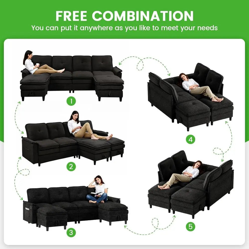 LISM Sectional Couch With Charging Station And Storage Ottoman