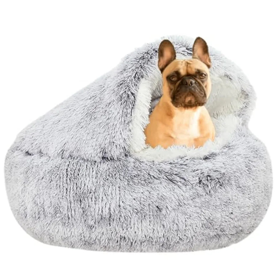 Hooded Cat Cave Bed For Small Pets, Plush Fur Nest
