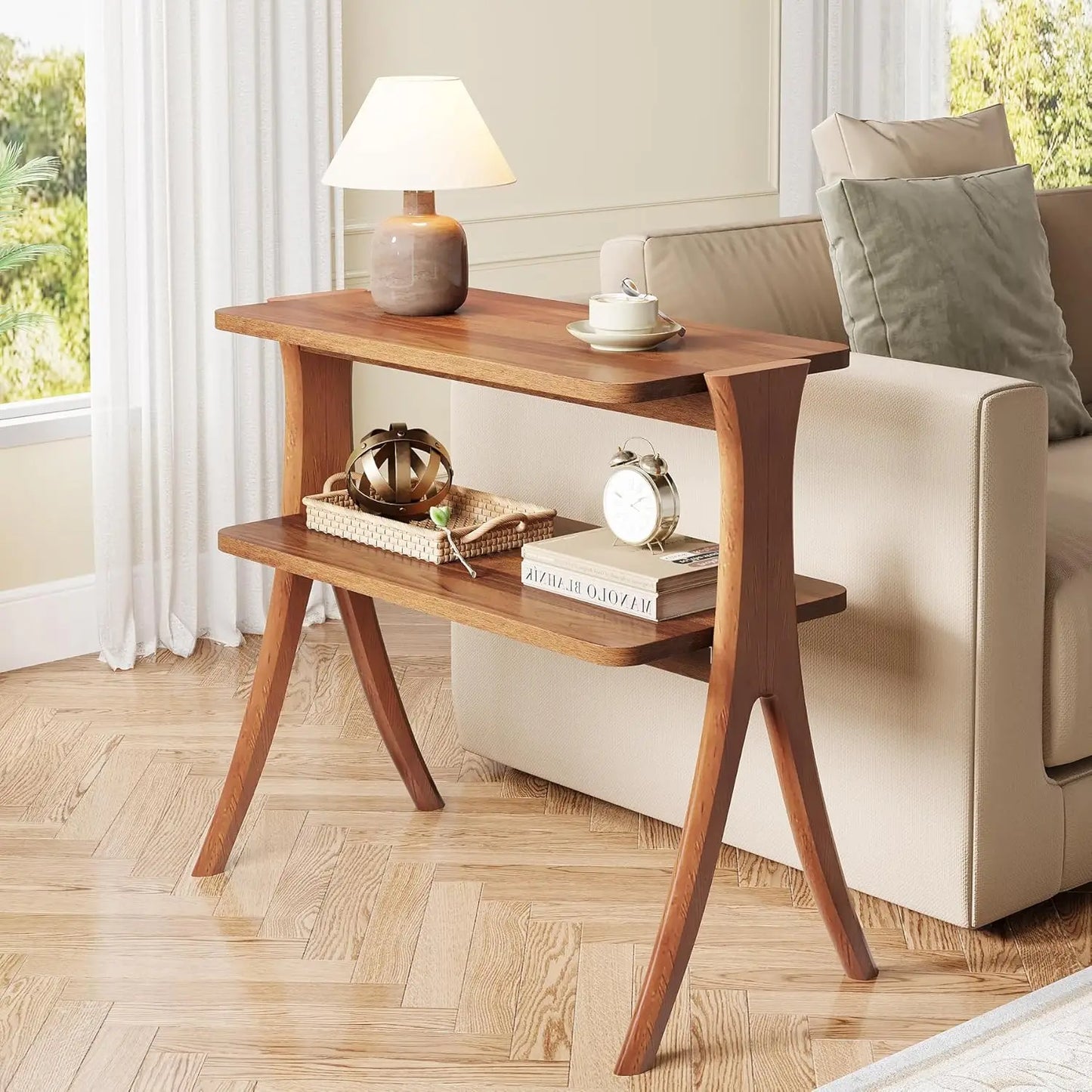 Little Tree Farmhouse Side Table With 2-Tier Storage