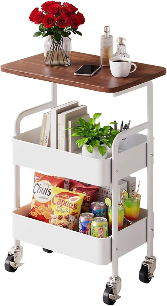 Three-Tier Metal Rolling Storage Cart With Walnut Wood Top Lockable Wheels