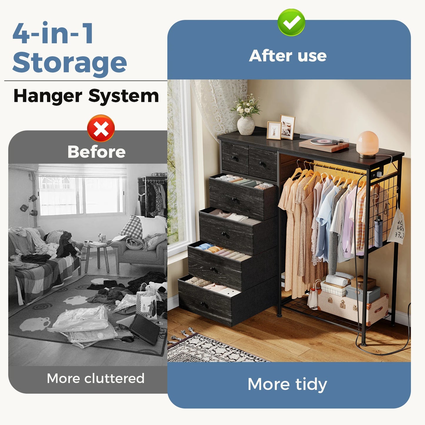 JHK Living Room Fabric Dresser With Hanging Rack And LED Lights