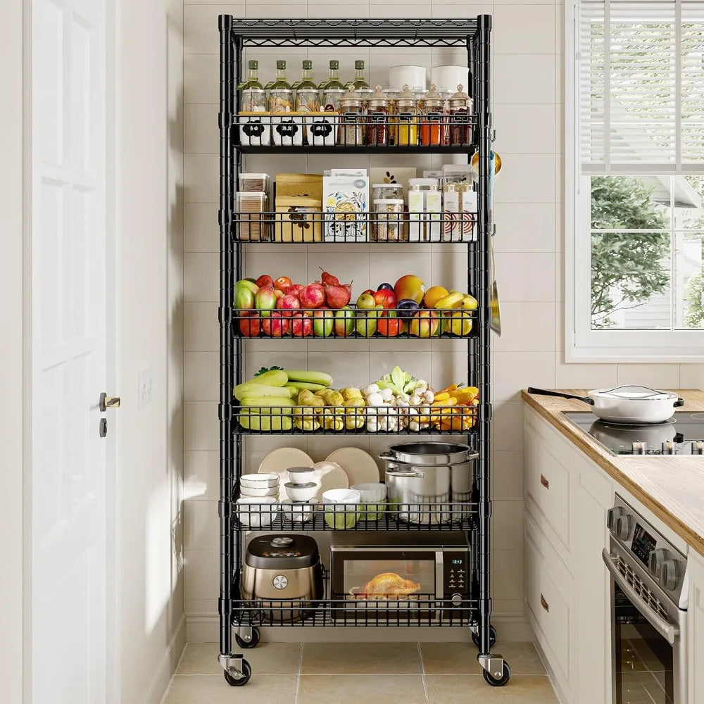 7 Tier Wire Shelving With Wheels For Kitchen Pantry Storage