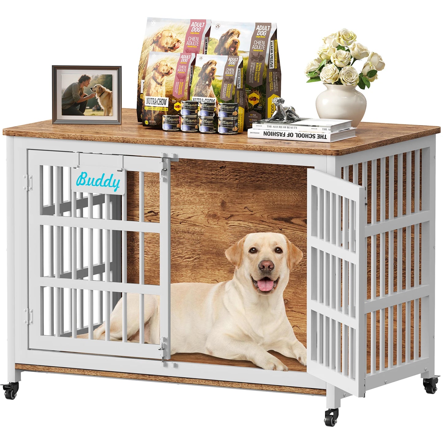 Furniture Style Dog Crate With Casters For Indoor Use