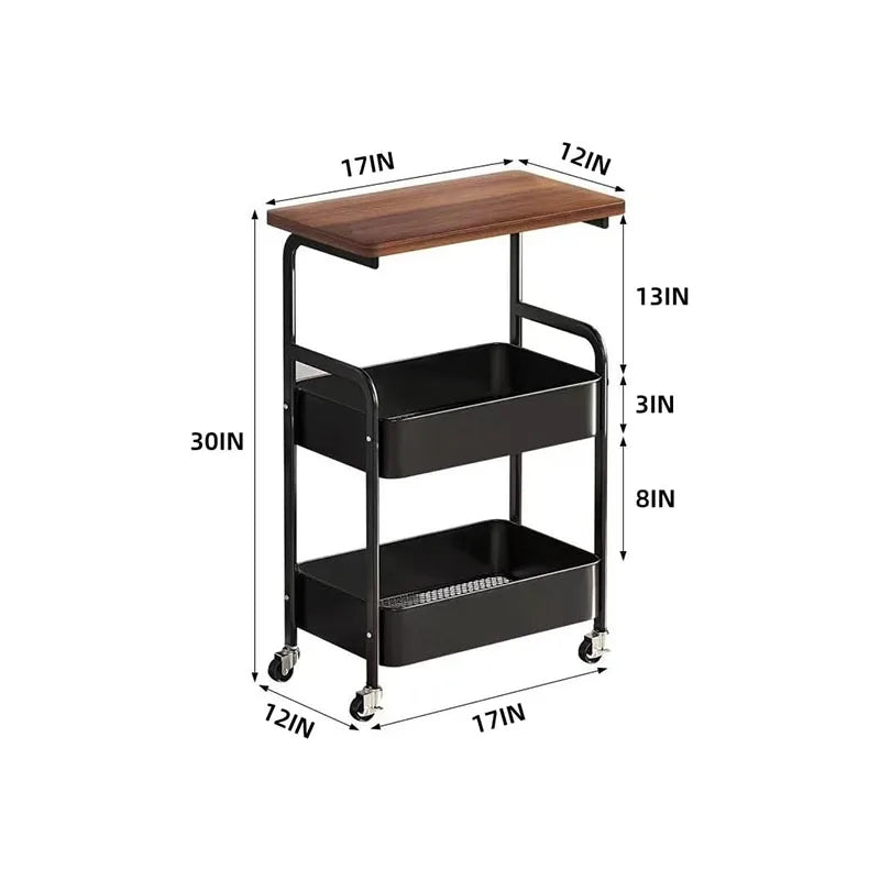 Three-Tier Metal Rolling Storage Cart With Walnut Wood Top Lockable Wheels