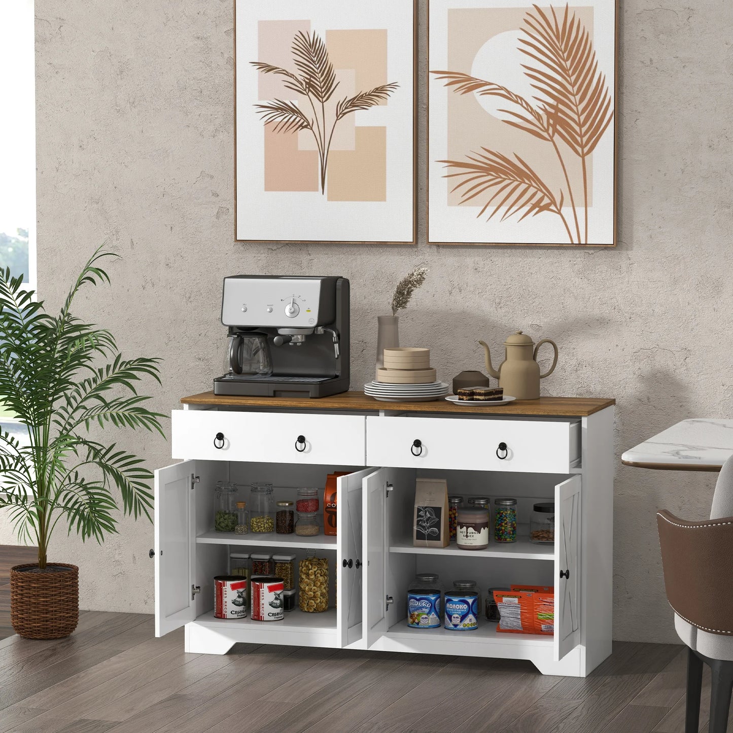 HOMCOM Kitchen Sideboard Buffet Cabinet Barn Doors Adjustable Shelf