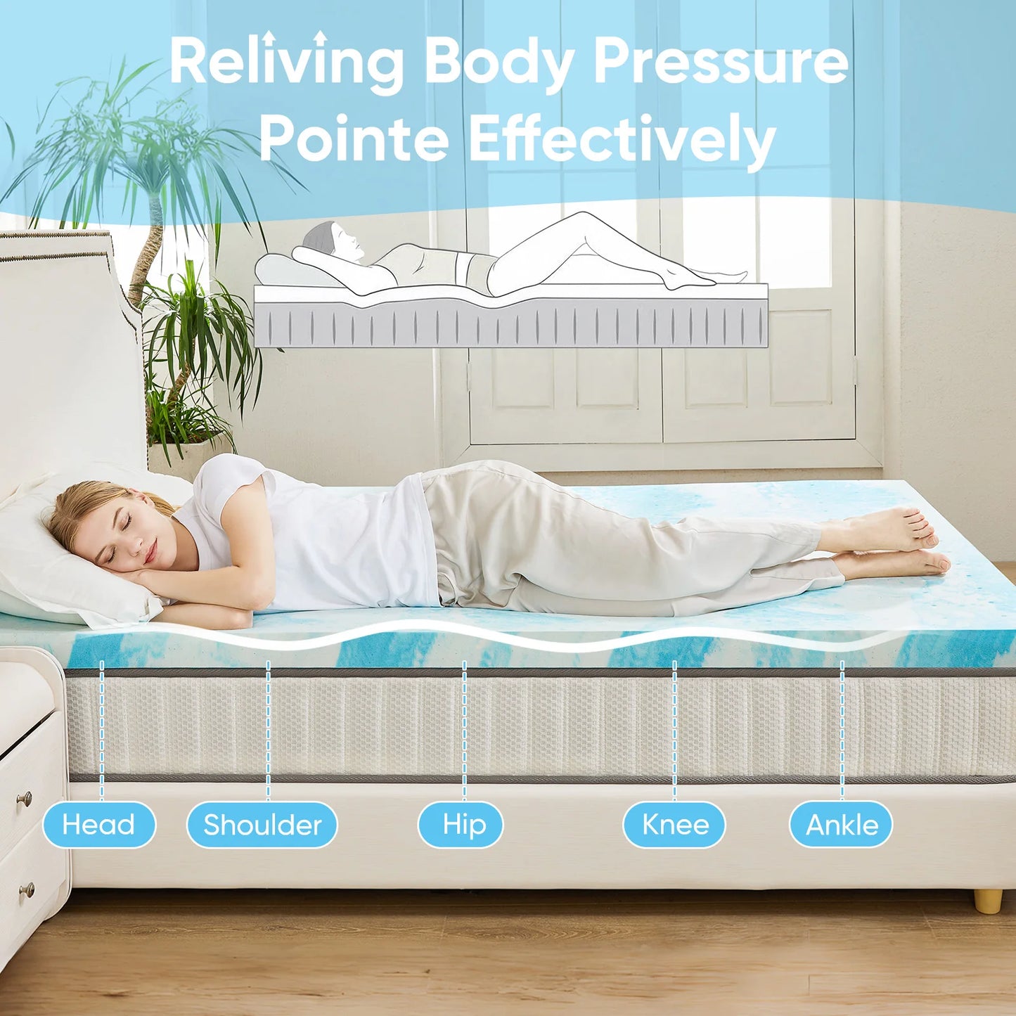 JHK Gel Memory Foam Mattress Topper Cooling For Breathable Comfort