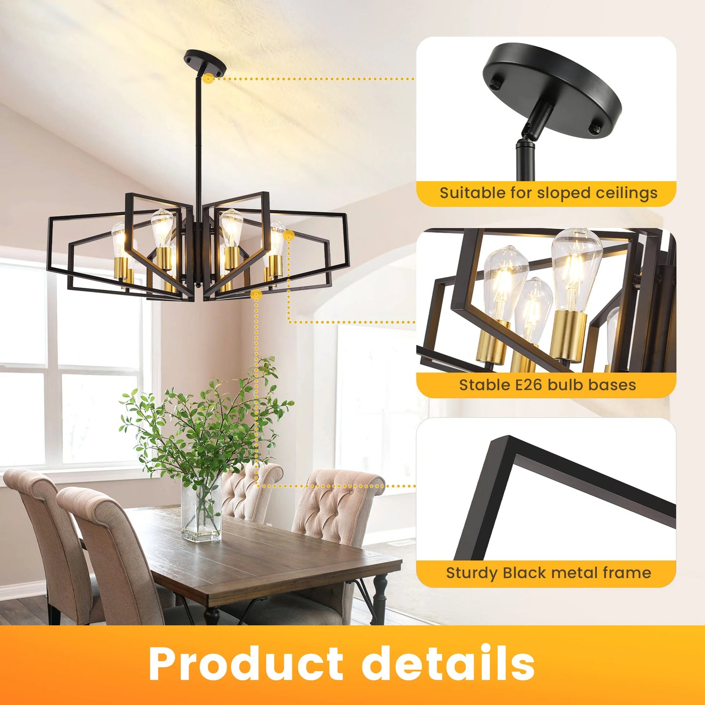 Modern 8-Light Geometric Chandelier With Adjustable Height Metal Pendant