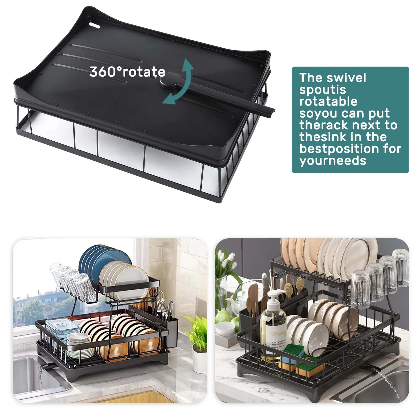 Two-Tier Dish Drying Rack for Kitchen Countertop, Large Capacity