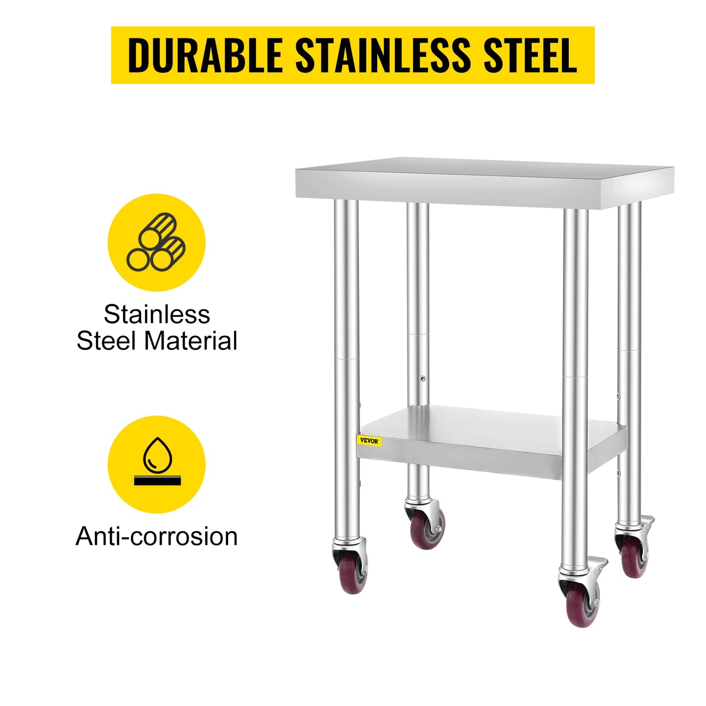SucceBuy Stainless Steel Kitchen Work Table Adjustable Shelf Caster Wheels