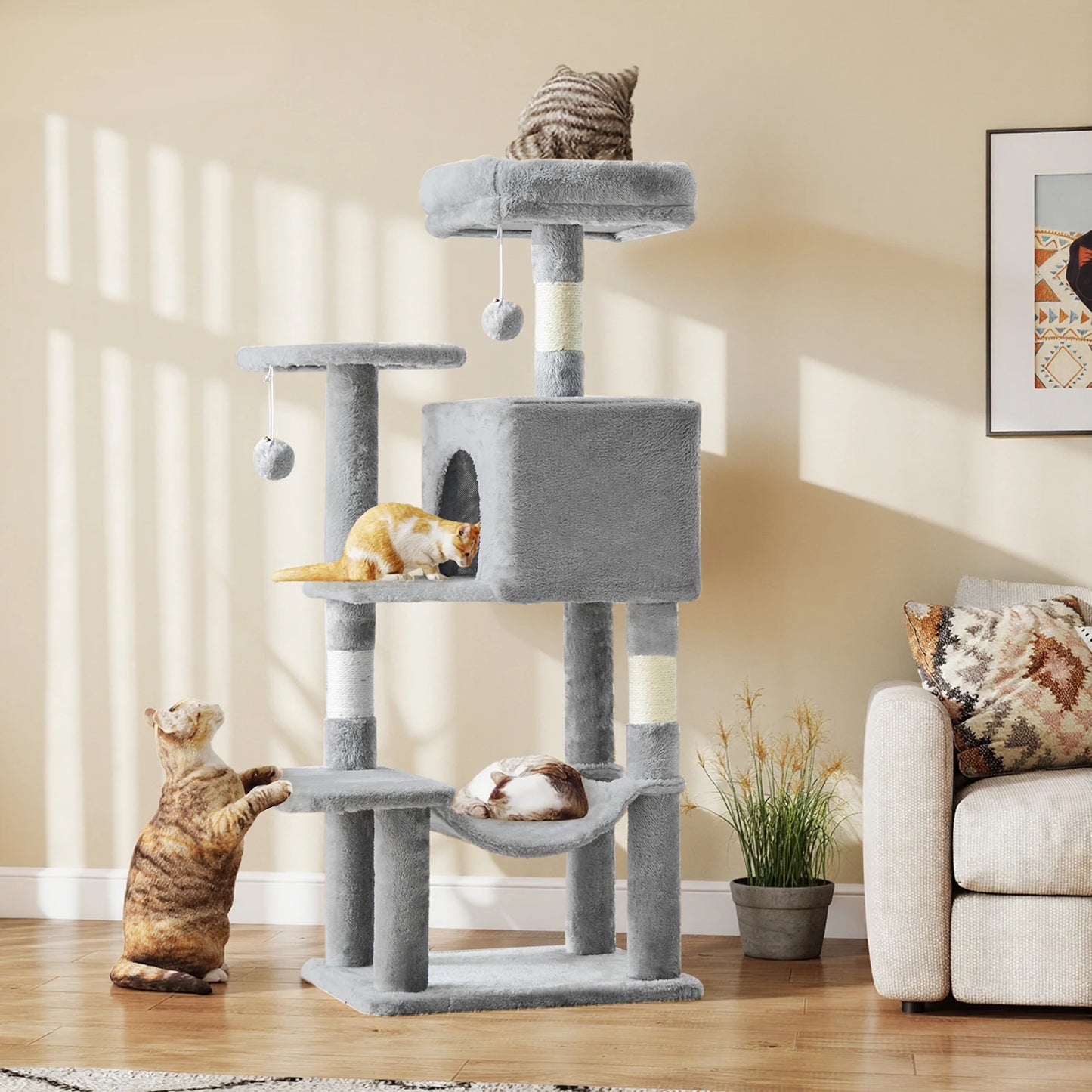JHK Natural Sisal Multi Cat Indoor Cat Tree With House