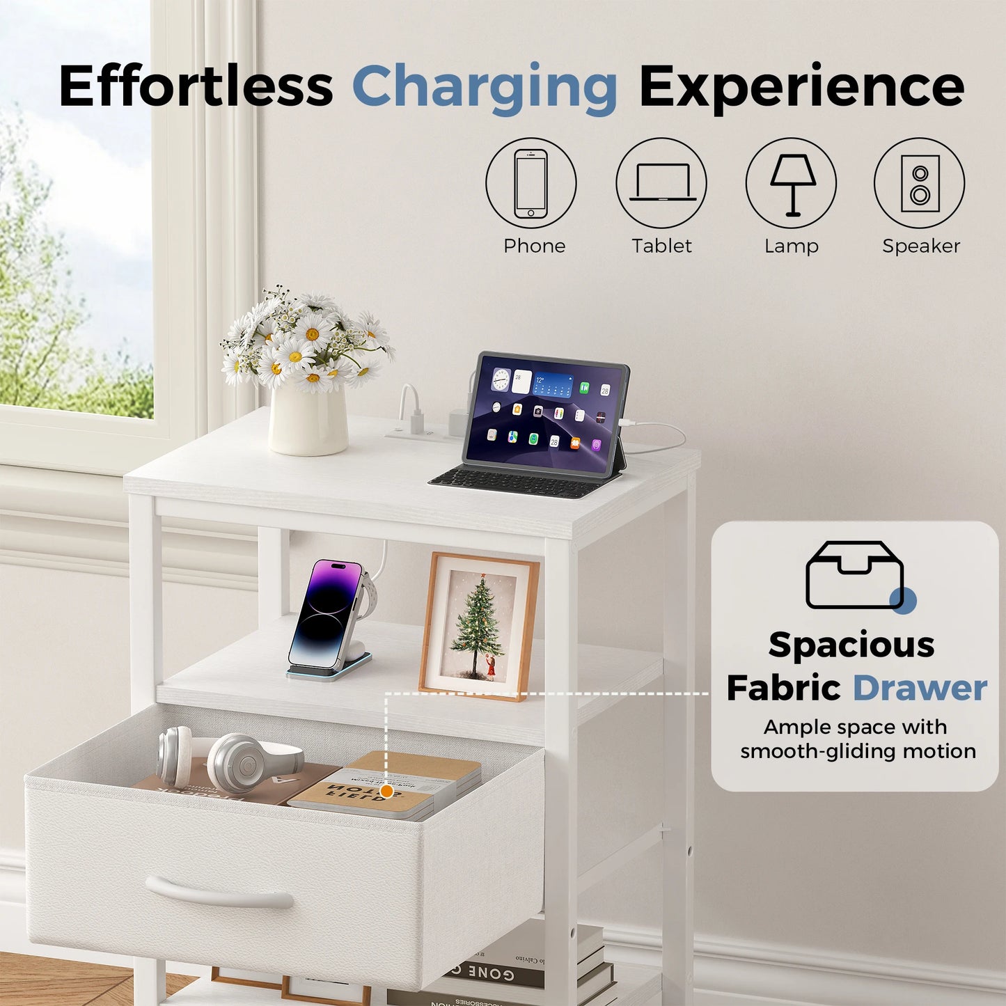MCQ Nightstand With LED Light Strip Fabric Drawers Charging Station