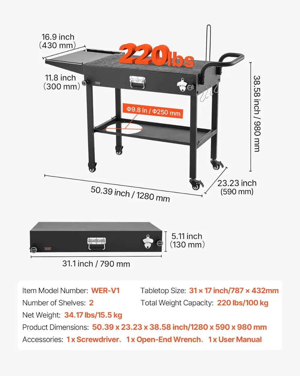 Outdoor Grill Cart With Wheels Foldable Table Tissue Holder Hooks