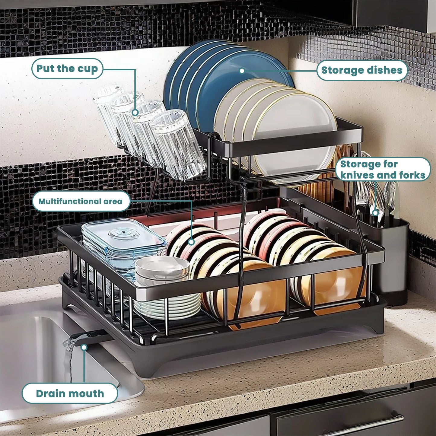 Two-Tier Dish Drying Rack for Kitchen Countertop, Large Capacity
